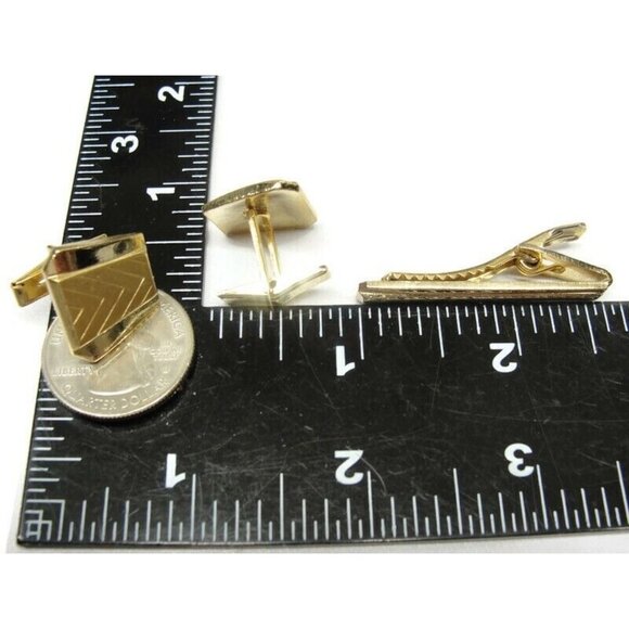 Asymmetrical Cufflinks Tie Clip Set Gold Tone Wedding Tux Vintage - Picture 7 of 16